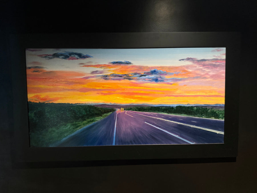 West of the Gage — original oil on canvas painting, 48x24 inches, framed, sunset highway scene